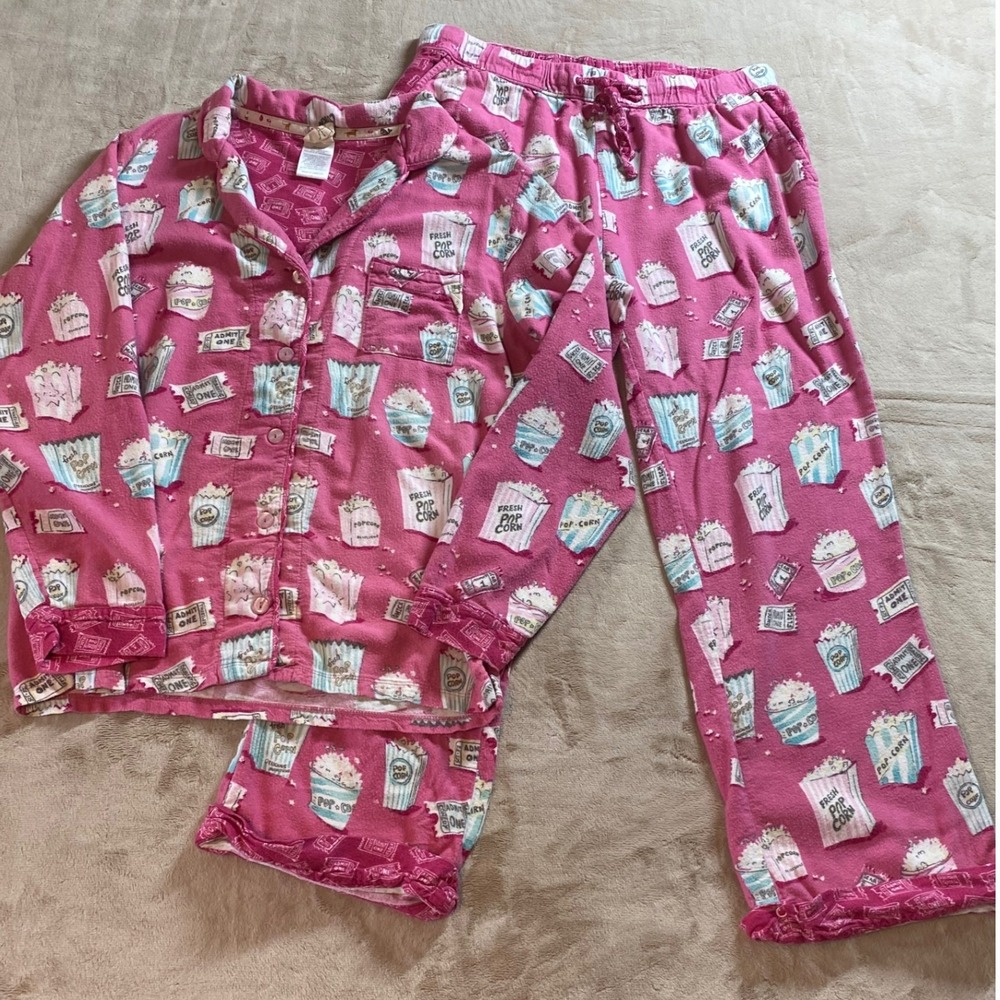 Munki Munki Pink Popcorn Movie Night Pajama Set M Bamboo Rayon Cotton Sleepwear